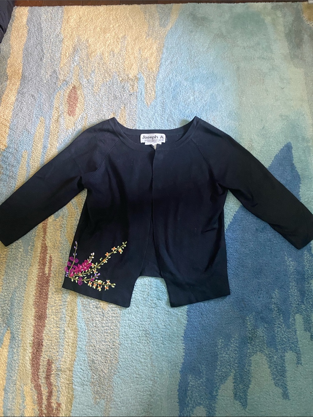 Joseph A. Black Cropped Cardigan with Pink & Green Floral Embroidery